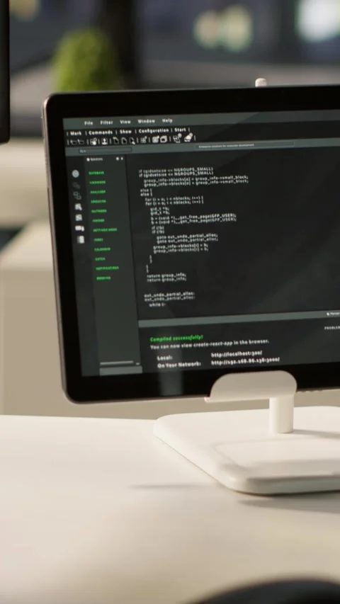 Vertical video Close up of tablet left open on desk with programming language Stock Footage 319473773