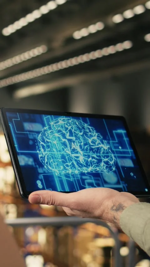 Vertical Video Close up tablet, logistics employee, AI systems, customer service Stock Footage 330138708