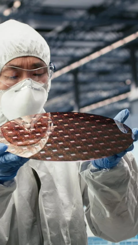 Vertical video Close up of technician analyzing silicon wafer in microchip Stock Footage 333614766