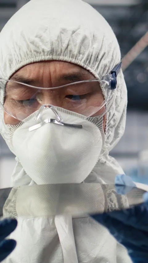 Vertical video Close up of technician analyzing silicon wafer in microchip Stock Footage 333615125