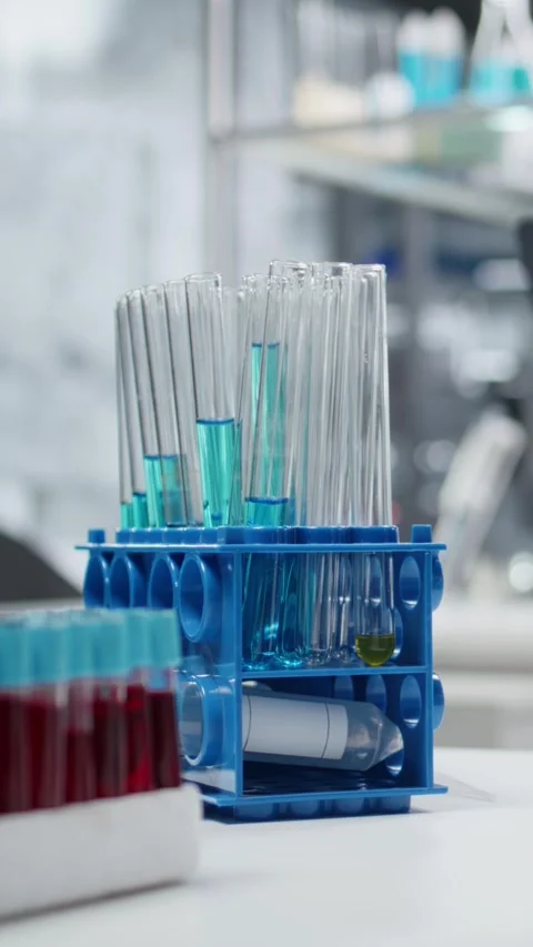 Vertical video Close up of test tube racks on workbench in sterile empty Stock Footage 326011014