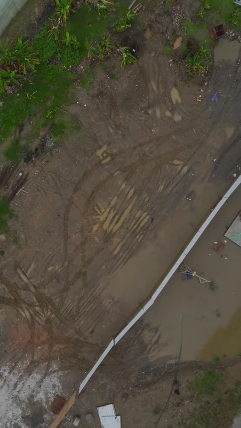 Vertical Video: Close-Up of Tire Tracks on a Muddy Path Captured Vertically in Stock Footage 342574826