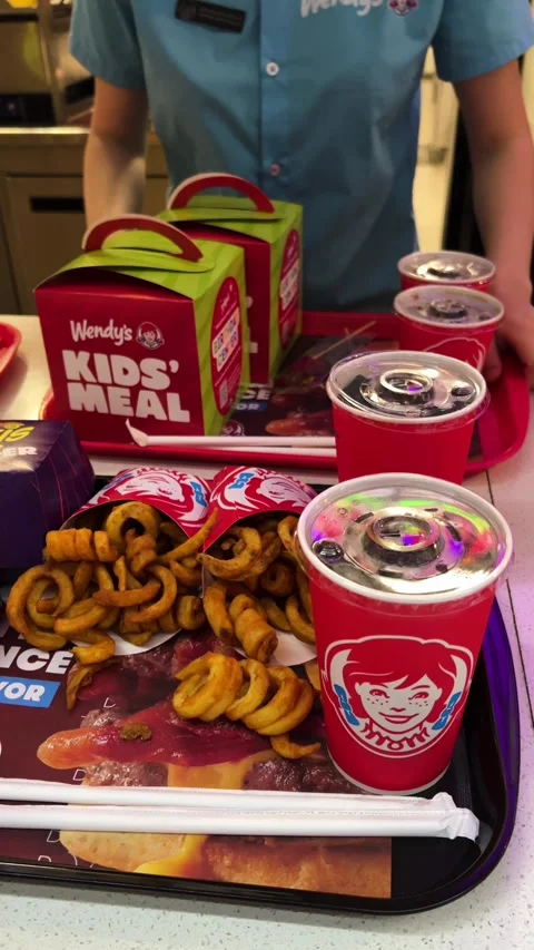 Vertical video close up. Tray with drink, french fries, kids meal box Video stock 312629072