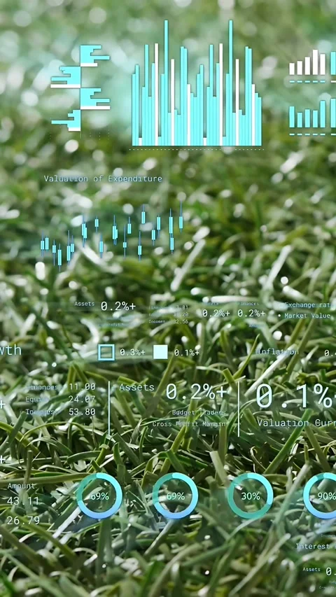 Vertical video: Close-up turf still as camera rising, HUD bars filling showing Stock Footage 333304143