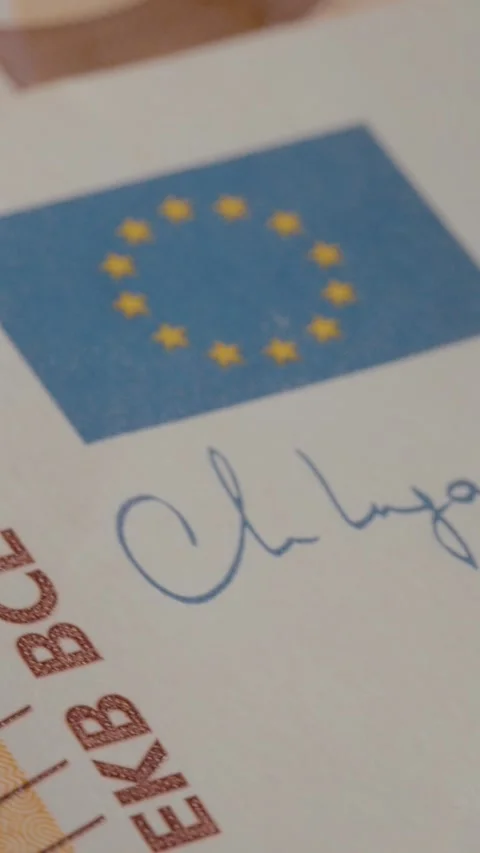 Vertical video Close-up view of a 50 euro banknote with detailed features and Stock Footage 327597148