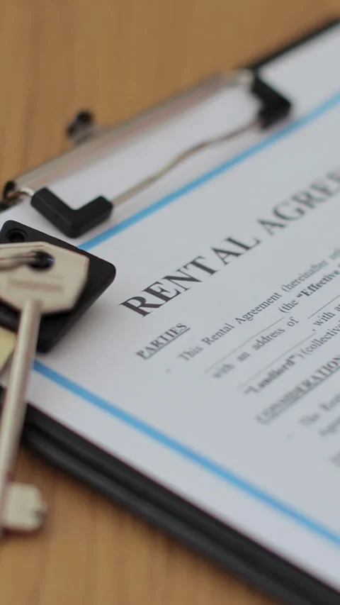 Vertical video Close-up view of a rental agreement document with key Stock Footage 340082837
