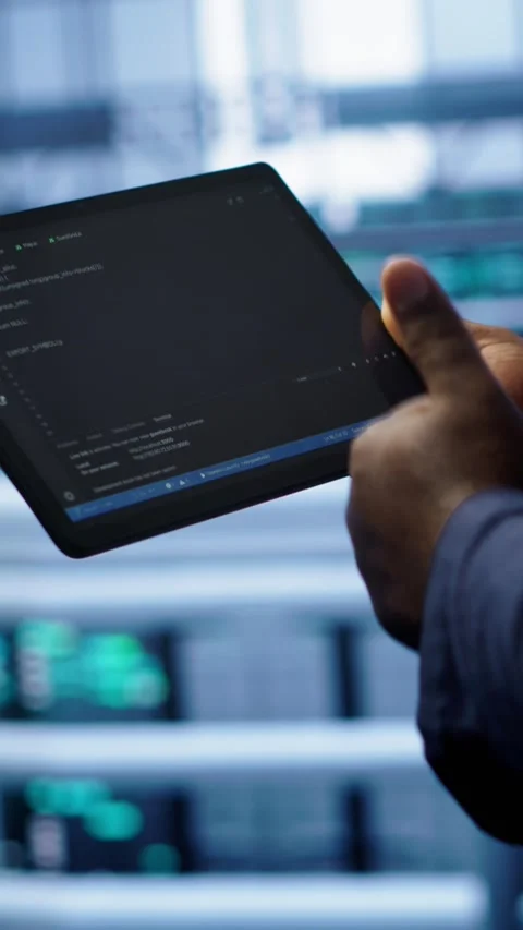 Vertical video Close up of worker fixing errors affecting servers performance Stock Footage 277858455