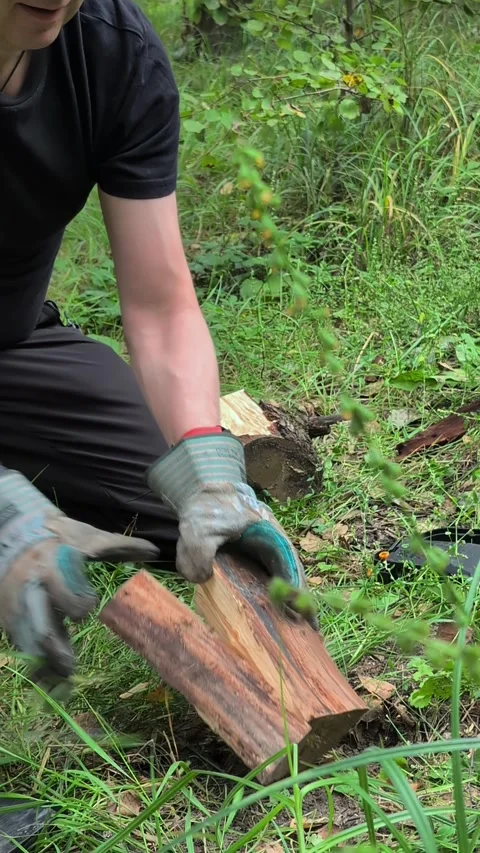 Vertical video closeup of man splitting firewood with axe outdoors in autum.. Video stock 329173788
