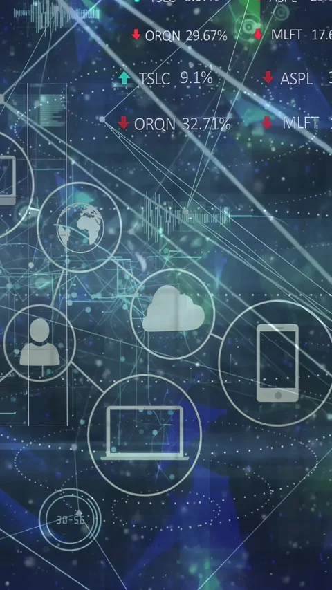 Vertical video: Cloud appearing nodes linking laptop phone user stocks sliding Stock Footage 330395110
