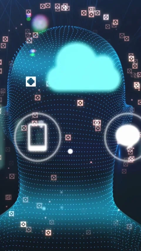 Vertical video: Cloud fading in, 3D mesh rotating, markers drifting, UI icons Stock Footage 334378307
