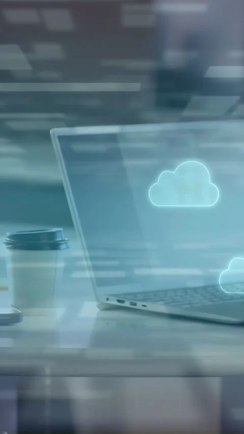 Vertical video: Cloud icons appearing, man and woman shaking hands over laptop, Stock Footage 335355259