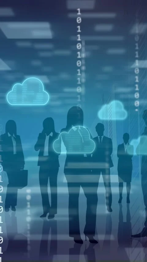Vertical video: Cloud icons rising, binary falling, central silhouette moving, Stock Footage 335741102