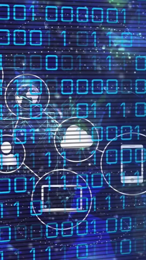 Vertical video: Cloud net growing with binary scrolling, nodes linking icons and Stock Footage 328632971