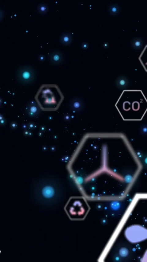 Vertical video: Cloud pulsing, hex icons fading and drifting while CO² hex Stock Footage 329612995