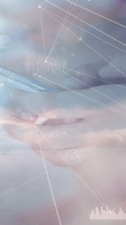 Vertical video: Clouds clearing, hands lifting phone, thumb swiping, HUD Stock Footage 334770468