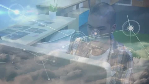Vertical video: Clouds rising, nodes spreading across frame while man viewing Stock Footage 332504581