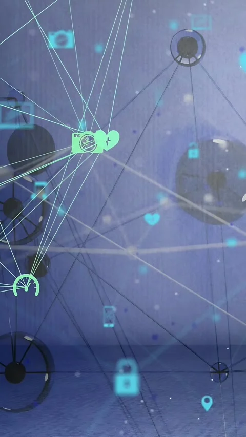 Vertical video: Clustered network pulsing and sending cyan lines from camera Stock Footage 333157417