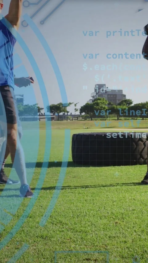 Vertical video: Coach approaching, cueing group doing squats and lunges, HUD Stock Footage 334386796