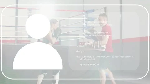Vertical video: Coach red boxer grey practicing pad work in ring after focus Stock Footage 334179318