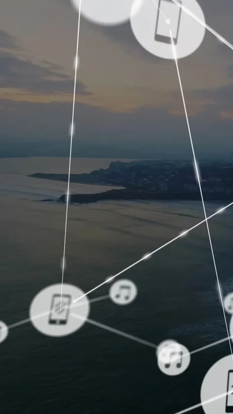 Vertical video: Coast visible, single node popping and sparking phone icons Stock-Footage 329876507