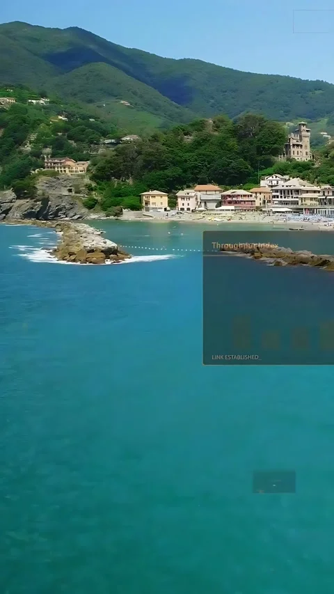 Vertical video: Coastline and jetty being overlaid by AR panels after scan, Stock Footage 333839991