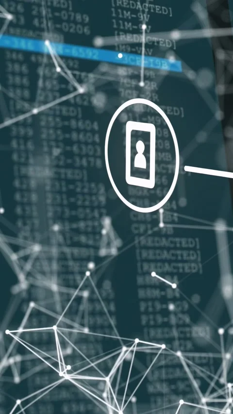 Vertical video: Code appearing, device icon linking nodes and mesh, blue bar 库存影片 333157399