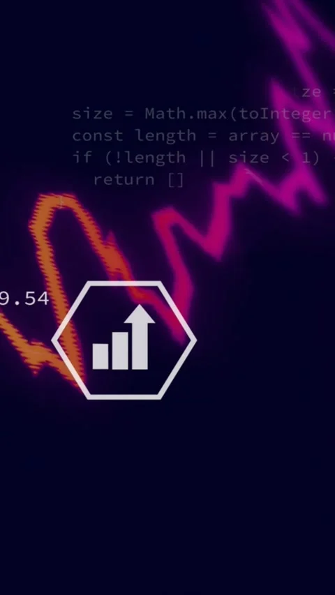 Vertical video: Code appearing, neon waves pulsing at HUD, showing yellow Video stock 330655963