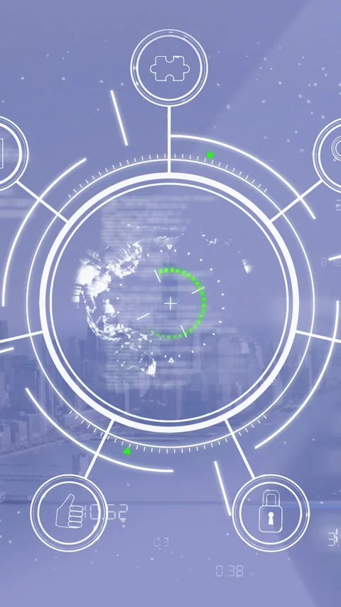 Vertical video: Code appearing in reticle, HUD expanding, globe rotating, Vídeos de archivo 329961627