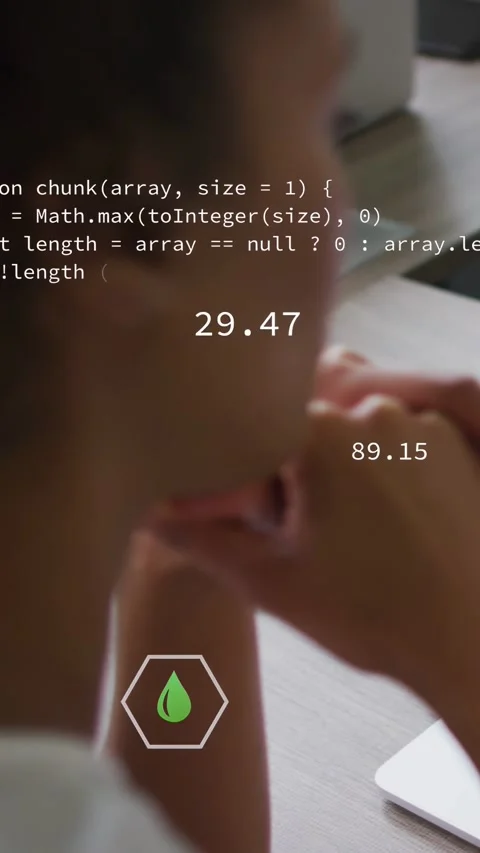 Vertical video: Code appearing, woman watching hex icons floating and updating, Vídeos de archivo 332775365