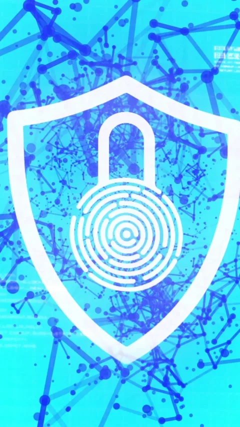 Vertical video: Code blink sparking shield lock emitting blue spray, nodes Stock Footage 348492134