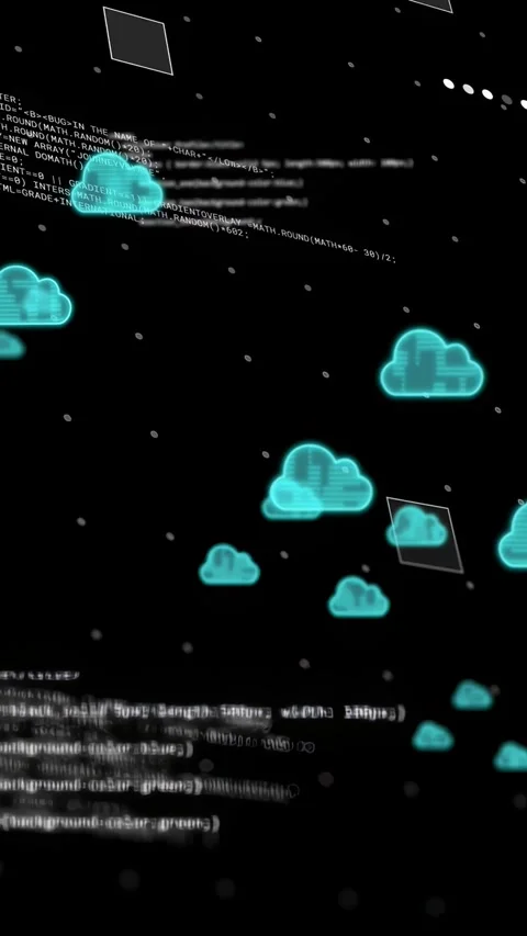 Vertical video: Code block appearing, clouds spawning, linking, advancing, Stock Footage 334770895