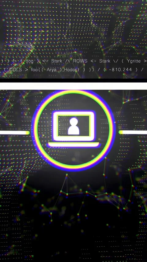 Vertical video: Code causing neon ring and laptop emerging, arc spinning, Stock Footage 329875479