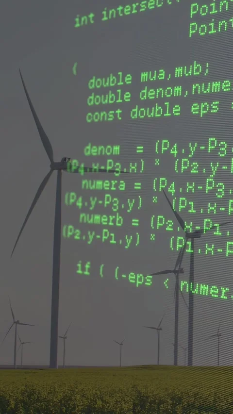 Vertical video: Code column appearing and scrolling over wind farm, turbines Stock Footage 332546926