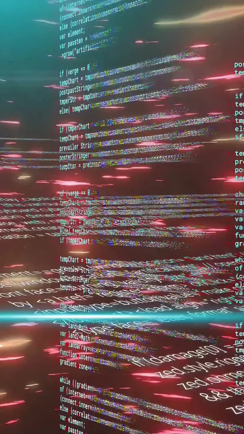 Vertical video: Code column appearing and showing code, cyan line scanning and Stock Footage 334469909