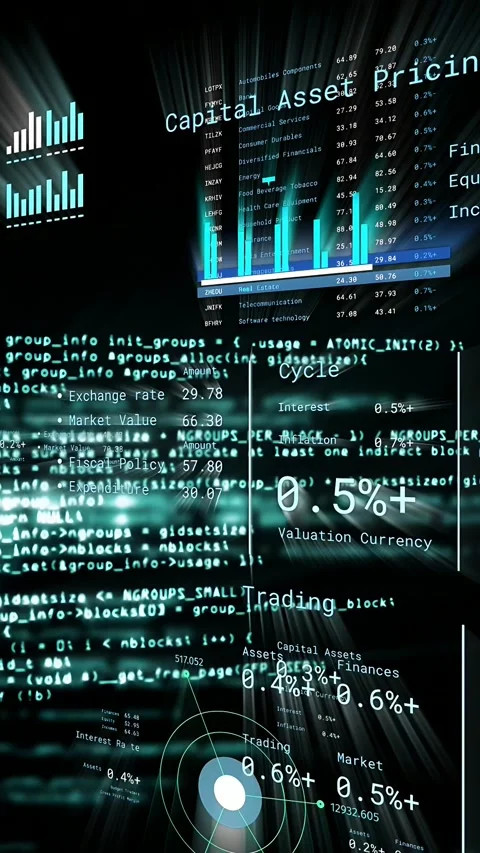 Vertical video: Code driving 3D finance HUD updating bars, rings, metrics Stock-Footage 335678082
