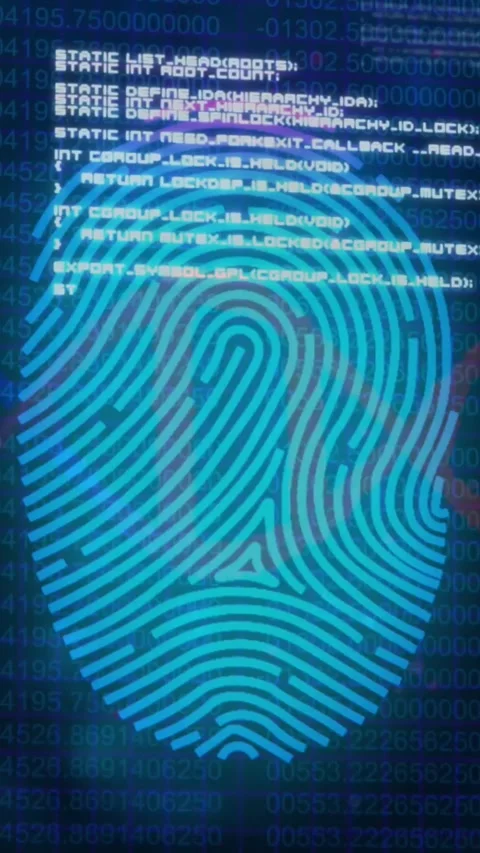 Vertical video: Code fading in initiating fingerprint pulsing, running biometric Stock Footage 329840342