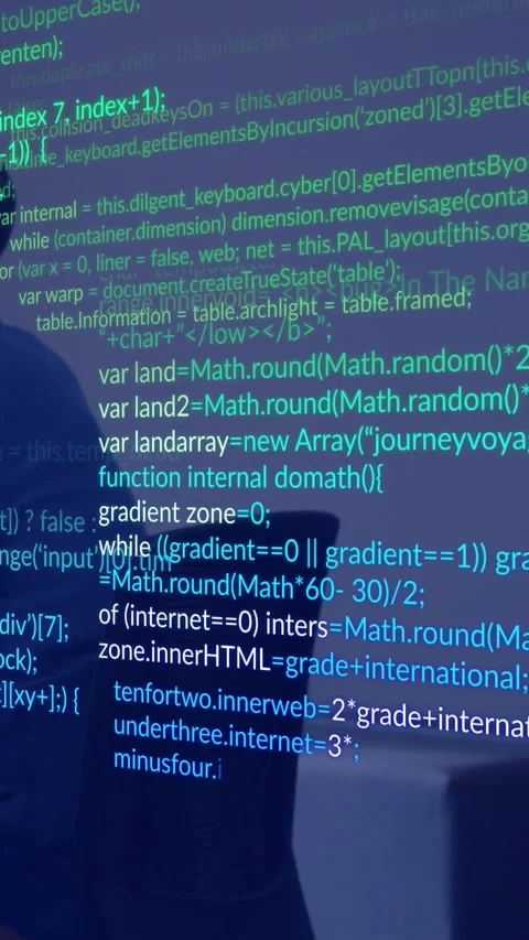 Vertical video: Code filling wall, tech man entering, sitting, reviewing code, Stock Footage 330242541