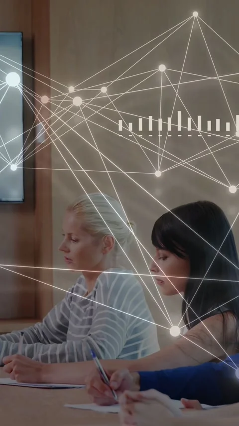 Vertical video: Code firing HUD moving nodes glowing links updating dials Stock Footage 333840338