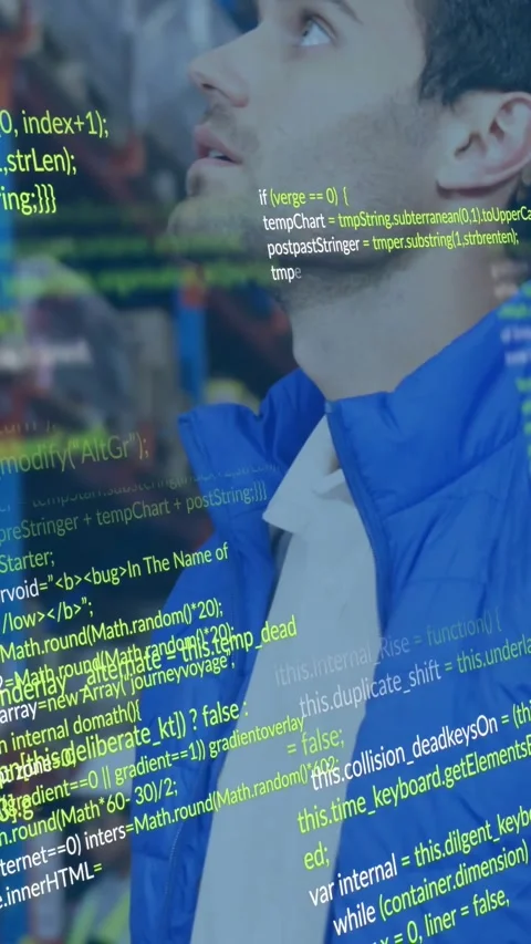 Vertical video: Code overlay appearing, man lifting head and scanning shelves Stock-Footage 330964920
