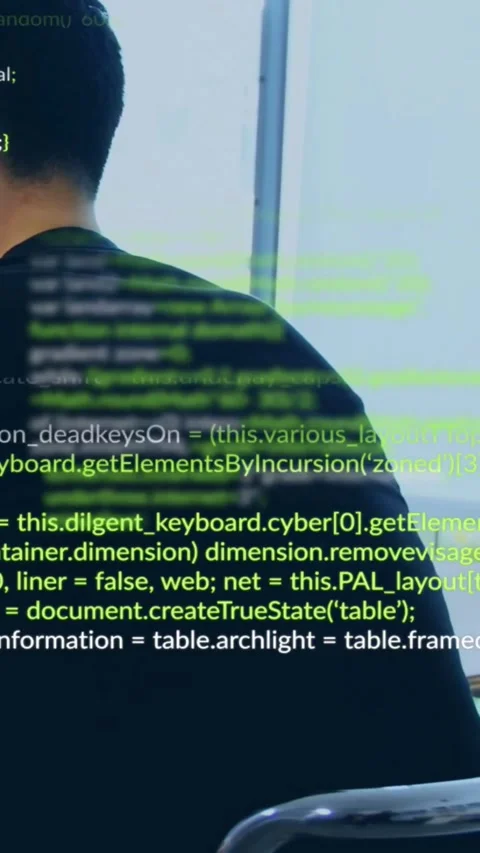 Vertical video: Code overlay appearing, causing seated Asian dev leaning, Stock Footage 333835944
