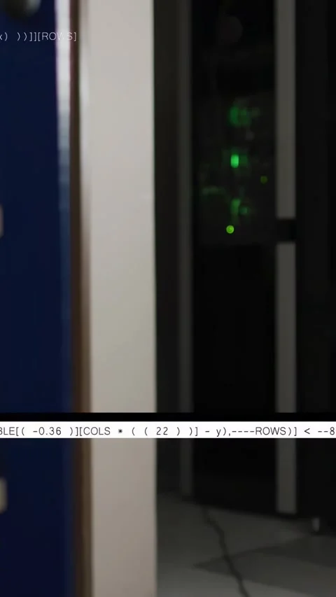 Vertical video: Code overlay appearing, camera shifting right, rack LEDs pulsing Stock Footage 334387022