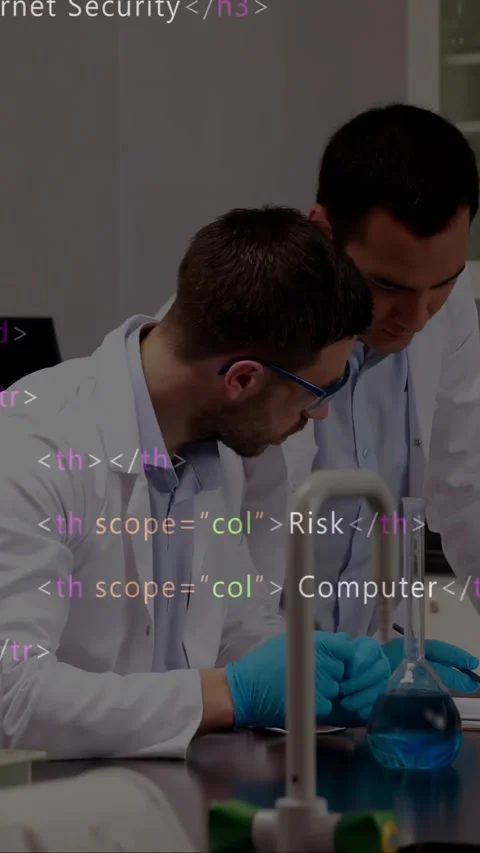 Vertical video: Code overlay appearing drawing two researchers coats testing Stock Footage 334598392