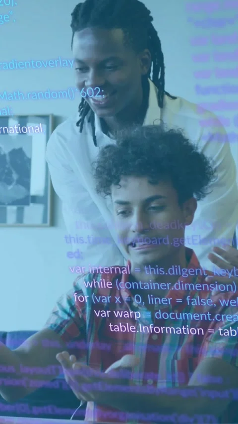 Vertical video: Code overlay fading in on screen, seated dev typing while mentor Stock Footage 332278479