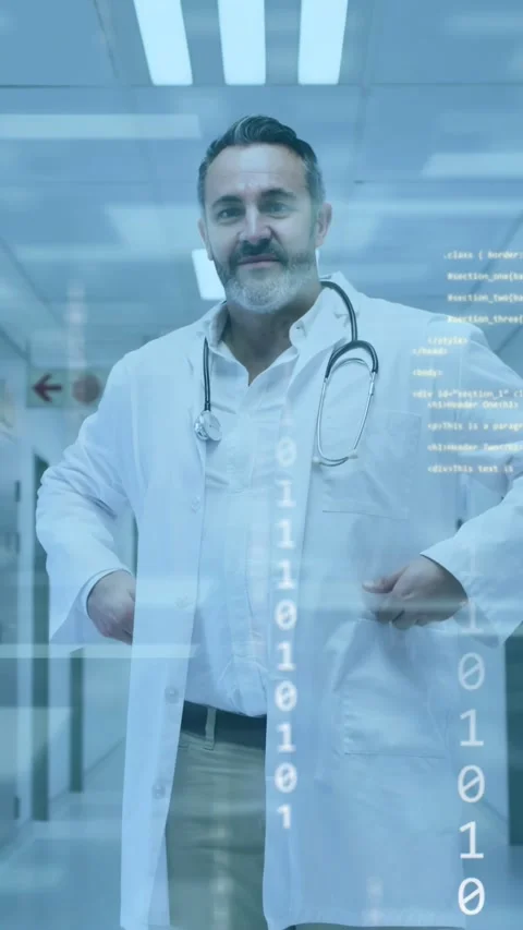 Vertical video: Code overlay rising, doctor in lab coat sliding into pockets Stock Footage 334377884