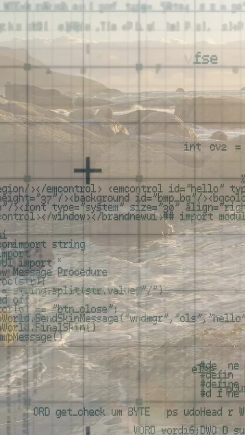 Vertical video: Code overlay starting scroll shifting thinning revealing rocks Stock Footage 328398374