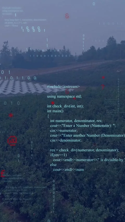Vertical video: Code overlay starting on load, cascading C++ and bits over rural Stock Footage 332336021