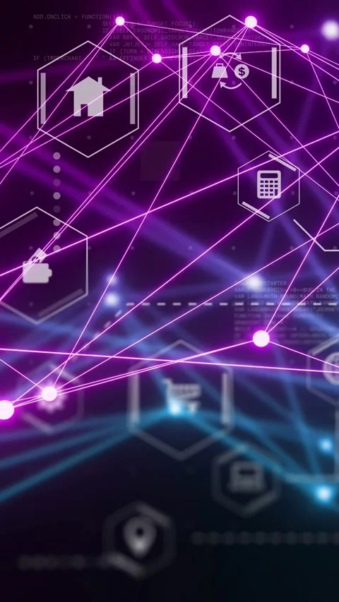 Vertical video: On code pulse, pink neon network reshaping while hex icons Stockbeeldmateriaal 335513696