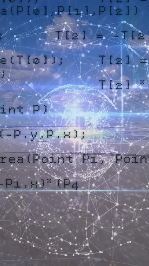 Vertical video: Code rising over horizon, network sphere forming, nodes Stock Footage 330358965