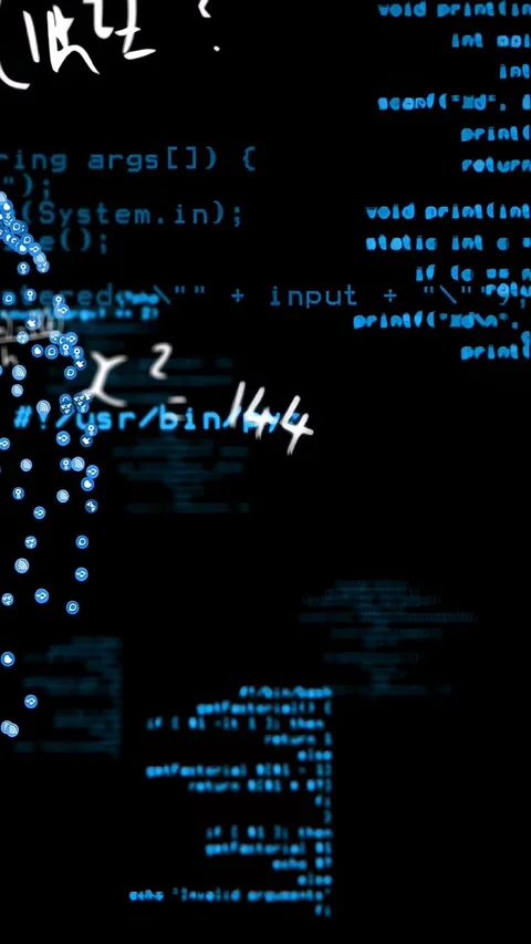 Vertical video: Code rising sparking blue dots forming humanoid, white math Stock Footage 340133234
