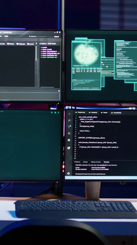 Vertical video Code running on monitors in empty apartment used by hacker Video stock 275619698